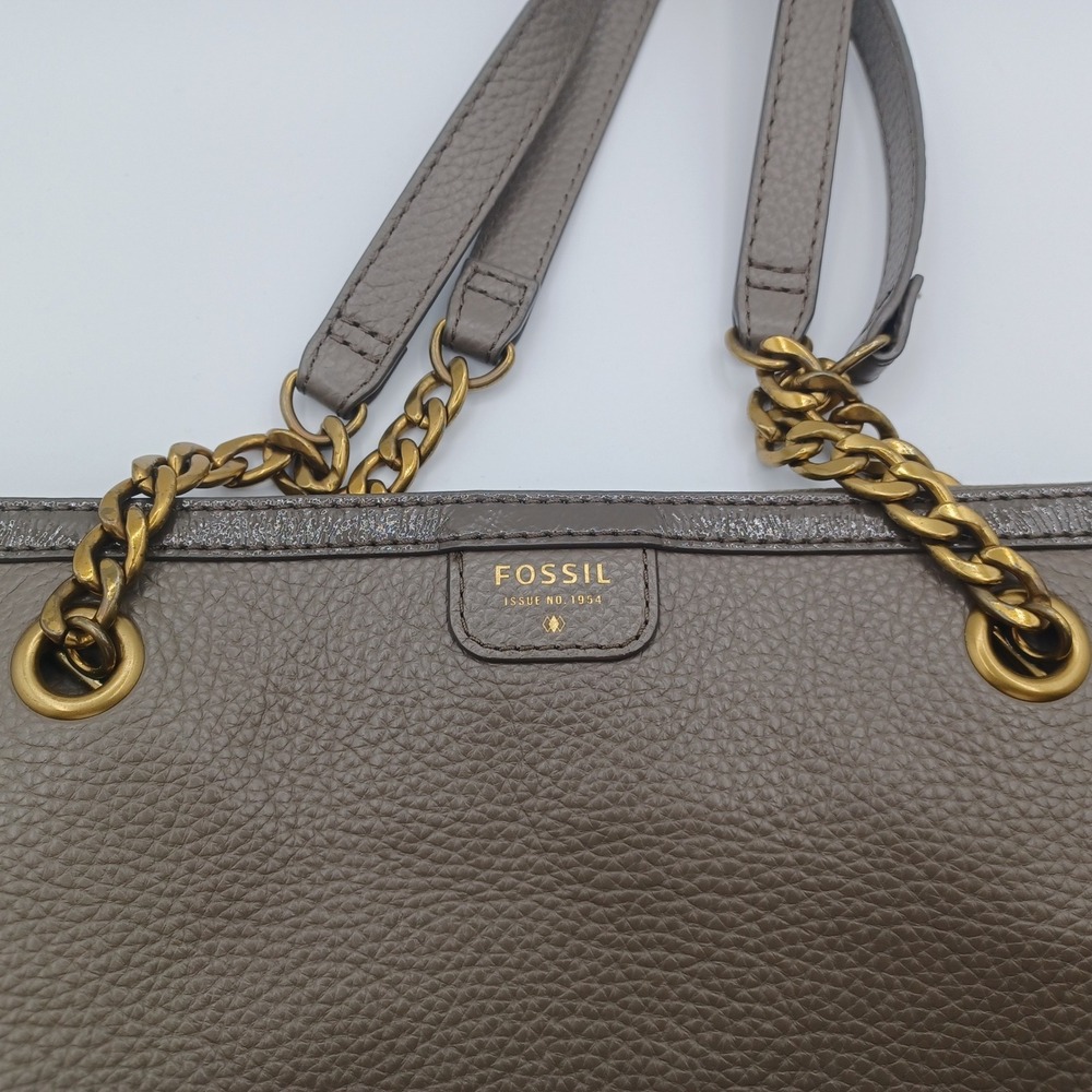 Fossil Tote Bag Womens Large Taupe Excellent Pebbled Leather Chain Strap No 1954